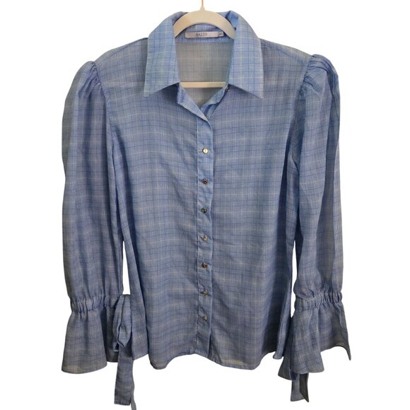 Razzo Brazil Puff Bell Tie Sleeve Blue Plaid Lightweight Blouse Size 44 - Picture 1 of 9